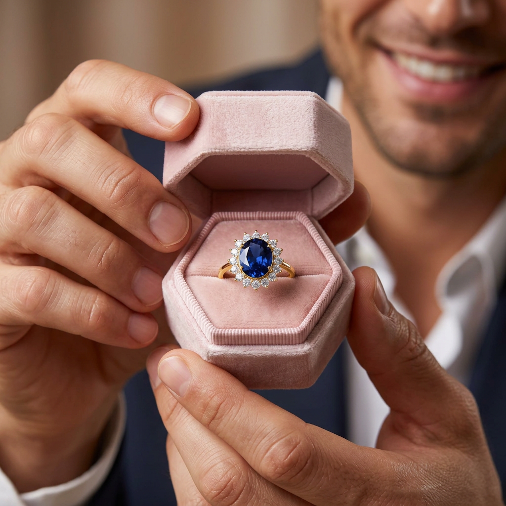 Princess Diana Inspired Colored Gemstone Engagement Ring-Black Diamonds New York