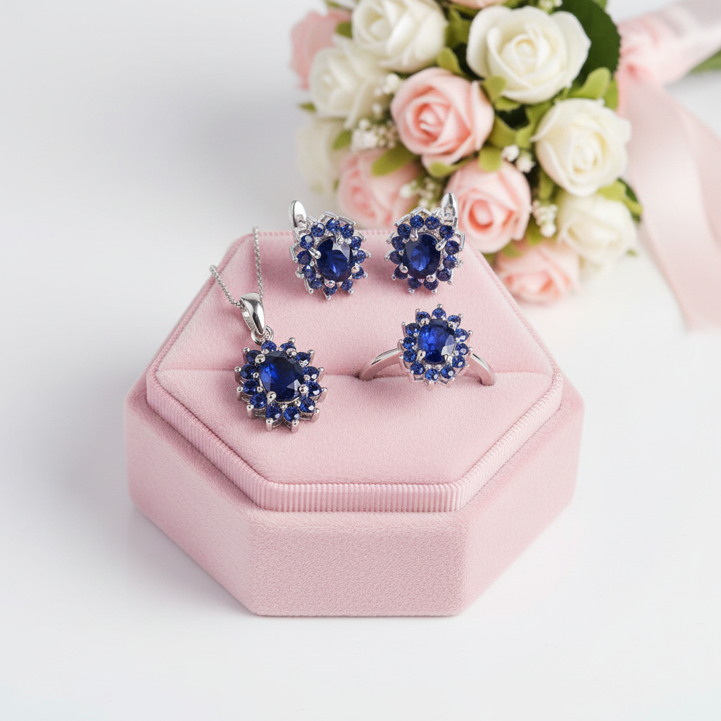 Princess Diana Inspired Natural Blue Sapphire Jewelry Set-Black Diamonds New York