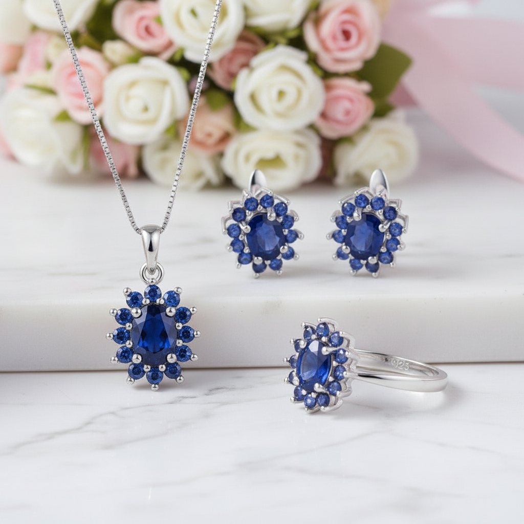 Princess Diana Inspired Natural Blue Sapphire Jewelry Set-Black Diamonds New York