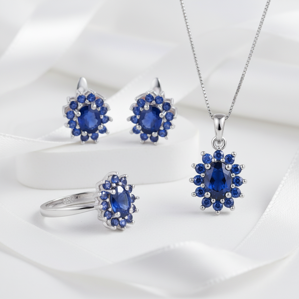 Princess Diana Inspired Natural Blue Sapphire Jewelry Set-Black Diamonds New York