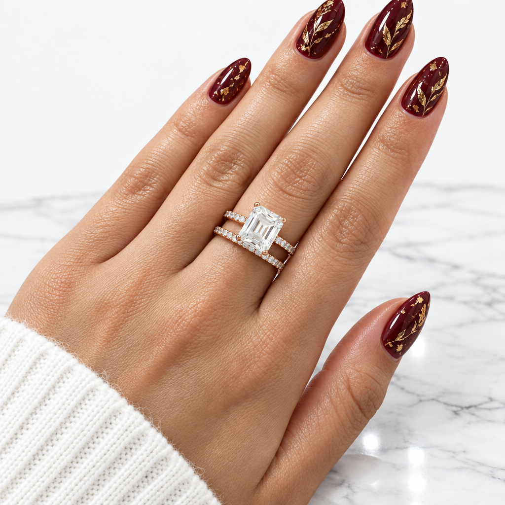 A close-up of a hand wearing a diamond engagement ring with an emerald-cut center stone and a matching pavé band, set against a light marble background.