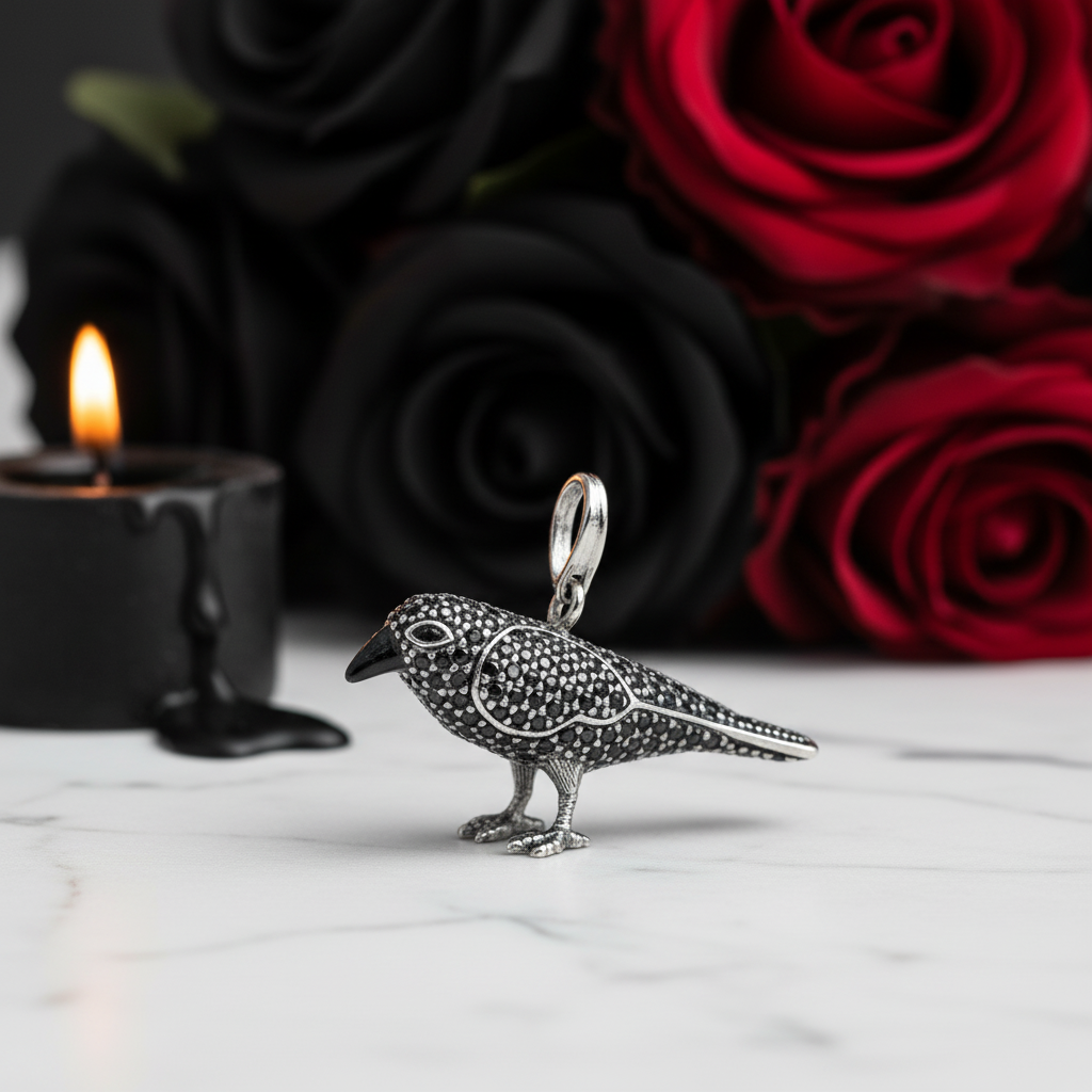 Silver bird-shaped pendant with red and black roses and a candle in the background