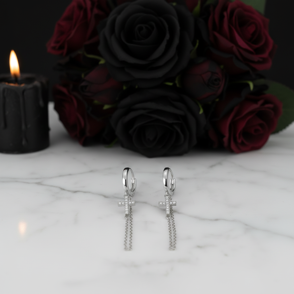 Punk Cross Diamond Option Hoop Earrings-Black Diamonds New York