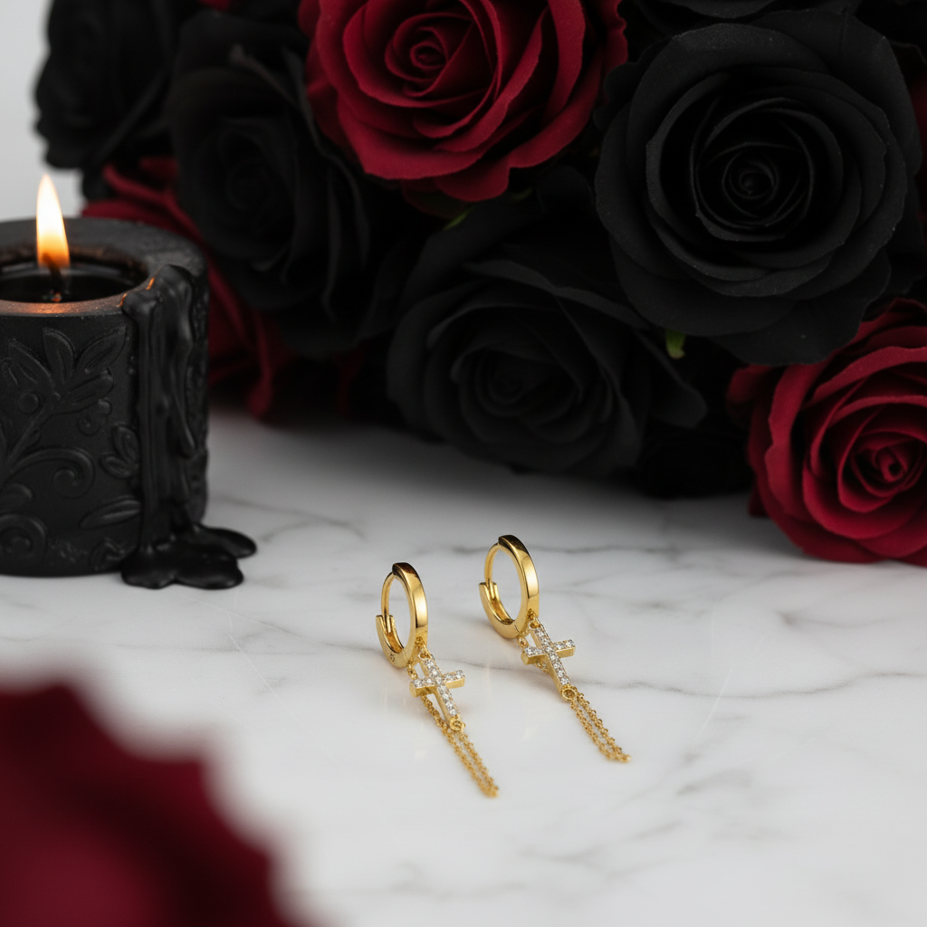 Punk Cross Diamond Option Hoop Earrings-Black Diamonds New York