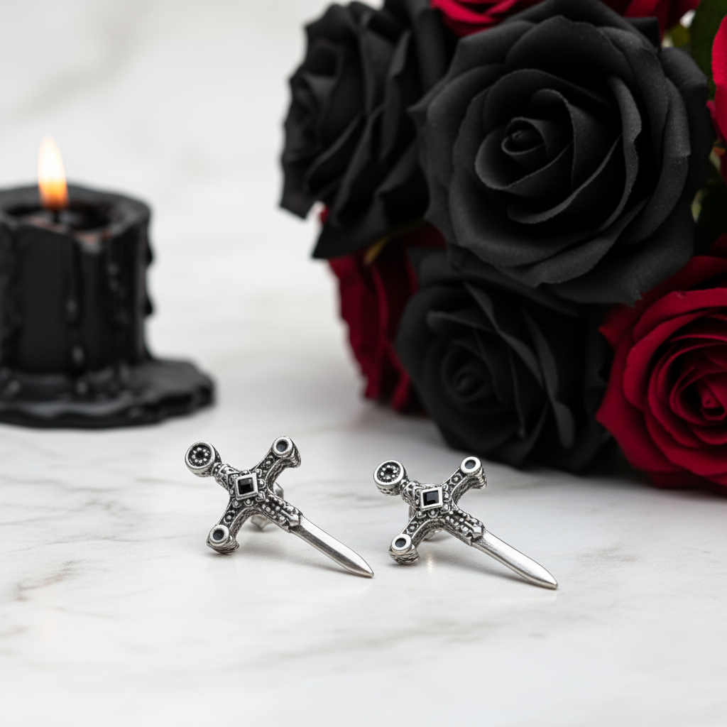 Punk Cross Sword Stud Earrings-Black Diamonds New York