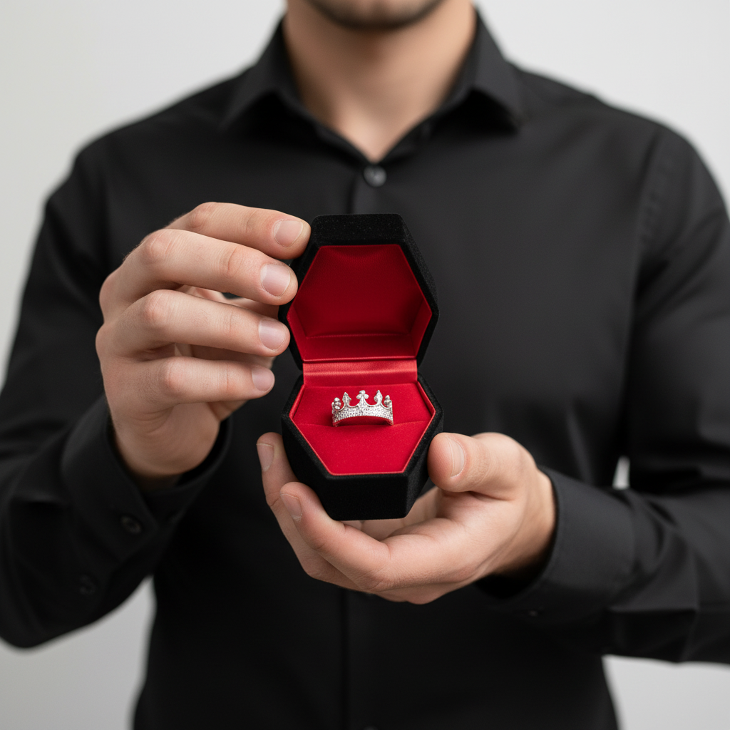 Person holding a black jewelry box with a red interior containing a silver ring.