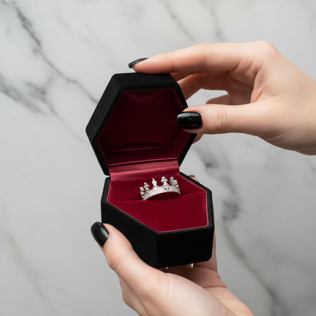 Person holding a black jewelry box with a red interior containing a silver ring, against a marble background.