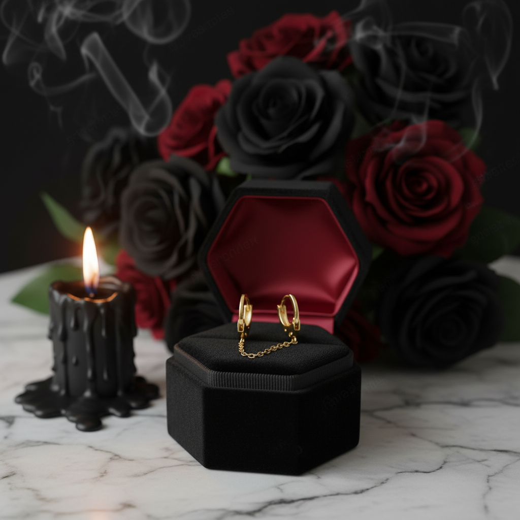 Gold hoop earrings in a black box with red roses and a black candle on a marble surface.