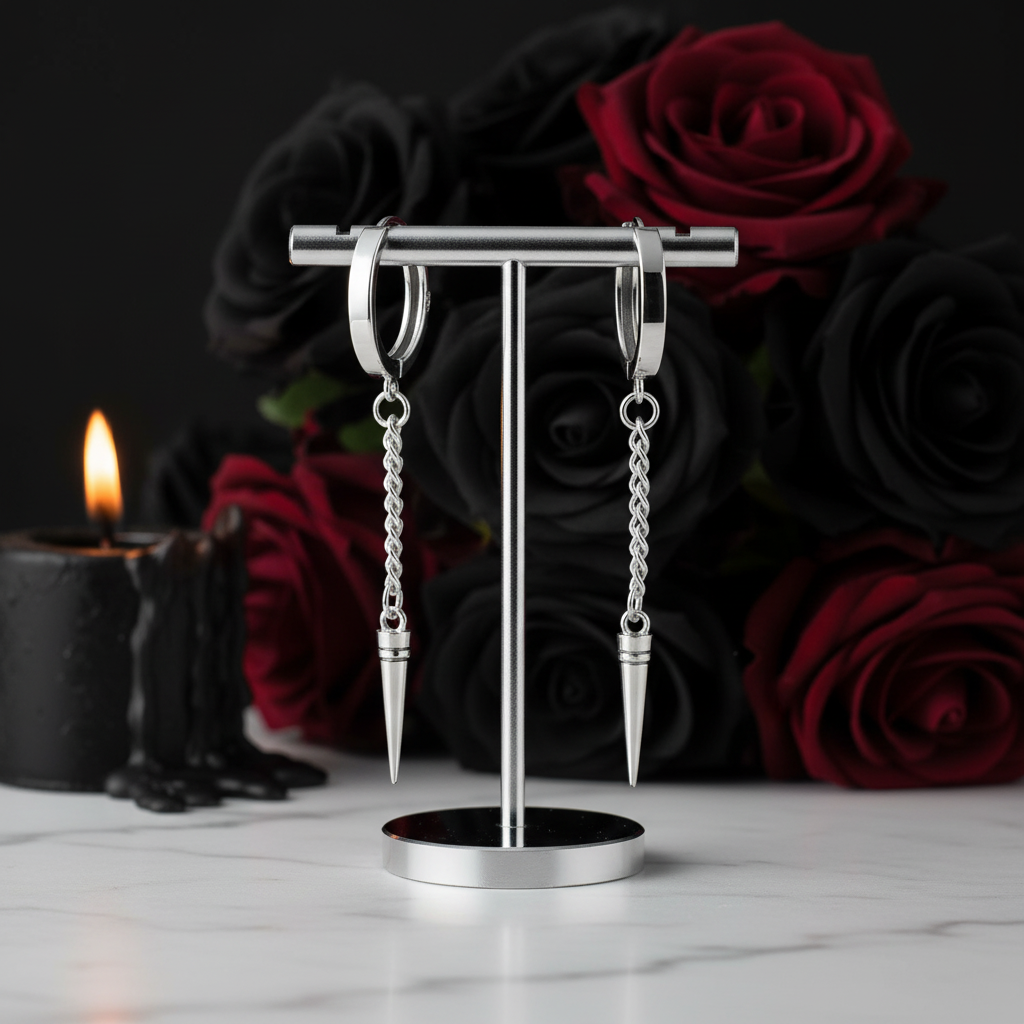 Punk Rivet Chain Hoop Earrings-Black Diamonds New York