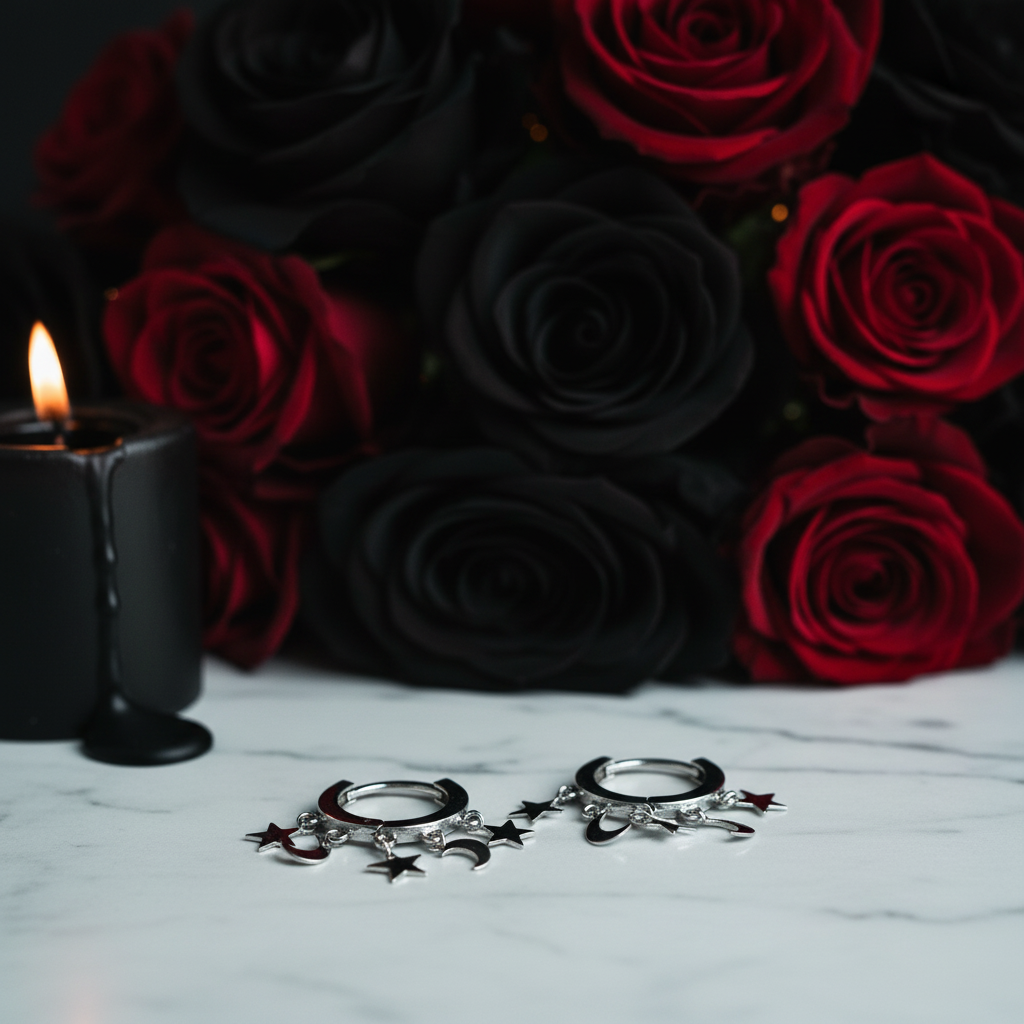 Punk Rock Bohemian Star Moon Tassel Hoop Earrings-Black Diamonds New York