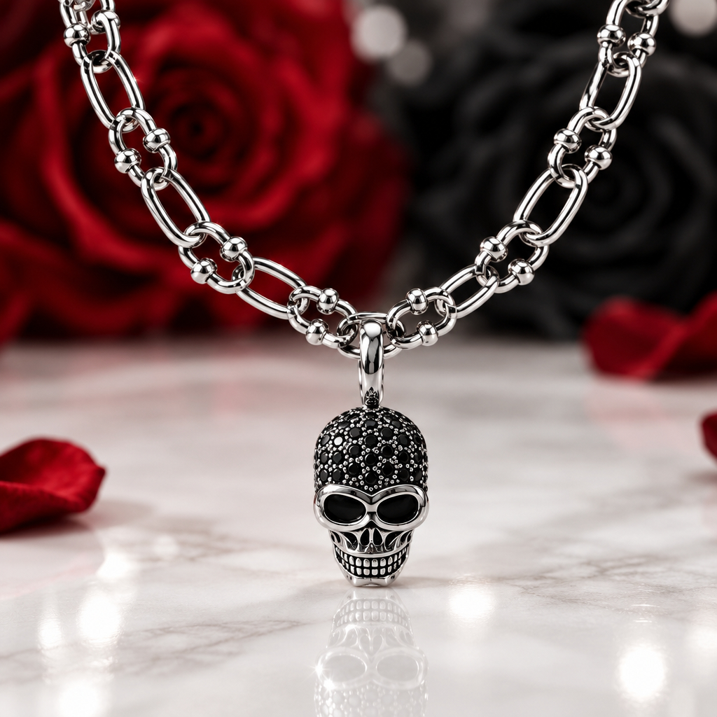 Punk Skull Diamond Option Paved Charm Necklace-Black Diamonds New York