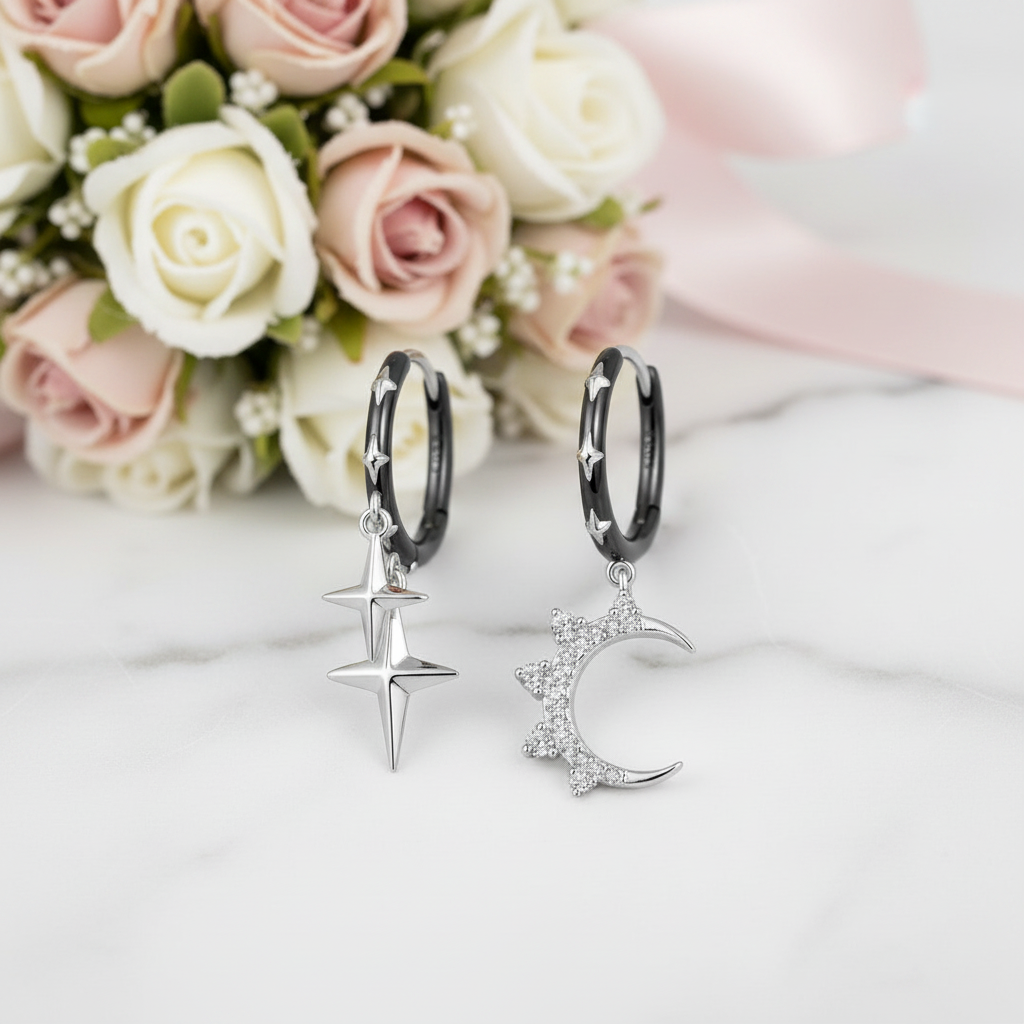 Punk Star & Moon Ear Buckles Asymmetric Hoop Earrings-Black Diamonds New York