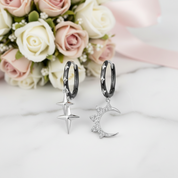 Punk Star & Moon Ear Buckles Asymmetric Hoop Earrings-Black Diamonds New York