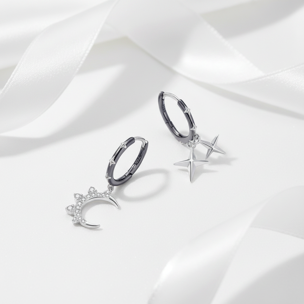 Punk Star & Moon Ear Buckles Asymmetric Hoop Earrings-Black Diamonds New York