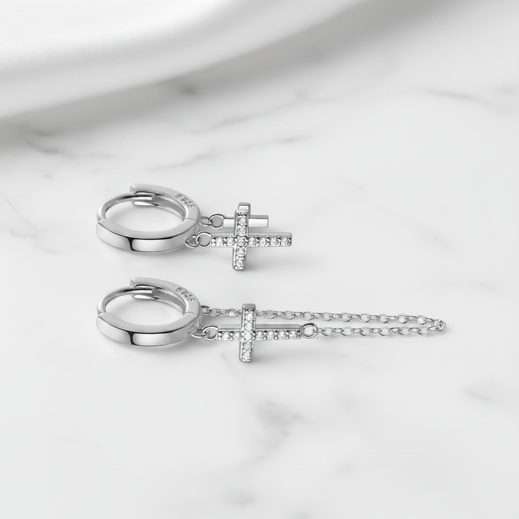 Punk Diamond Option Cross Chain Hoop Earrings-Black Diamonds New York