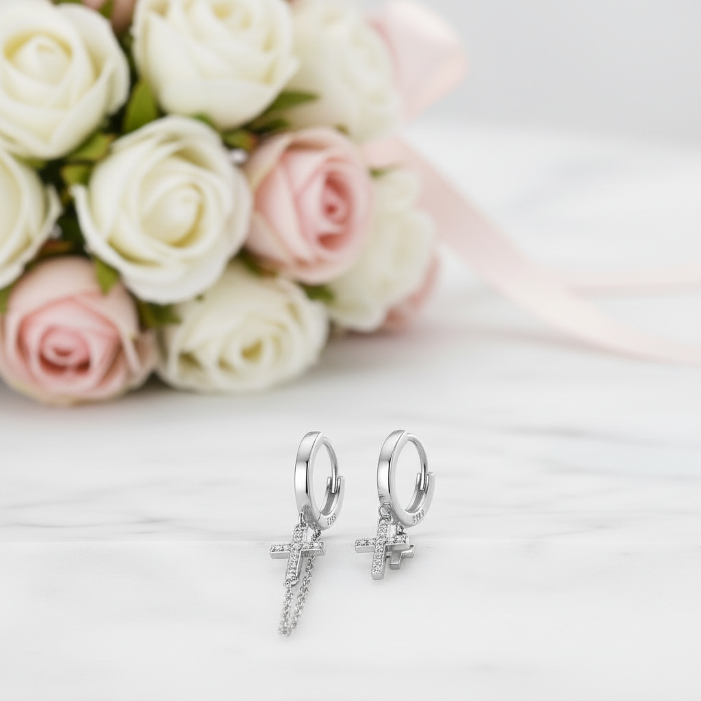 Punk Diamond Option Cross Chain Hoop Earrings-Black Diamonds New York
