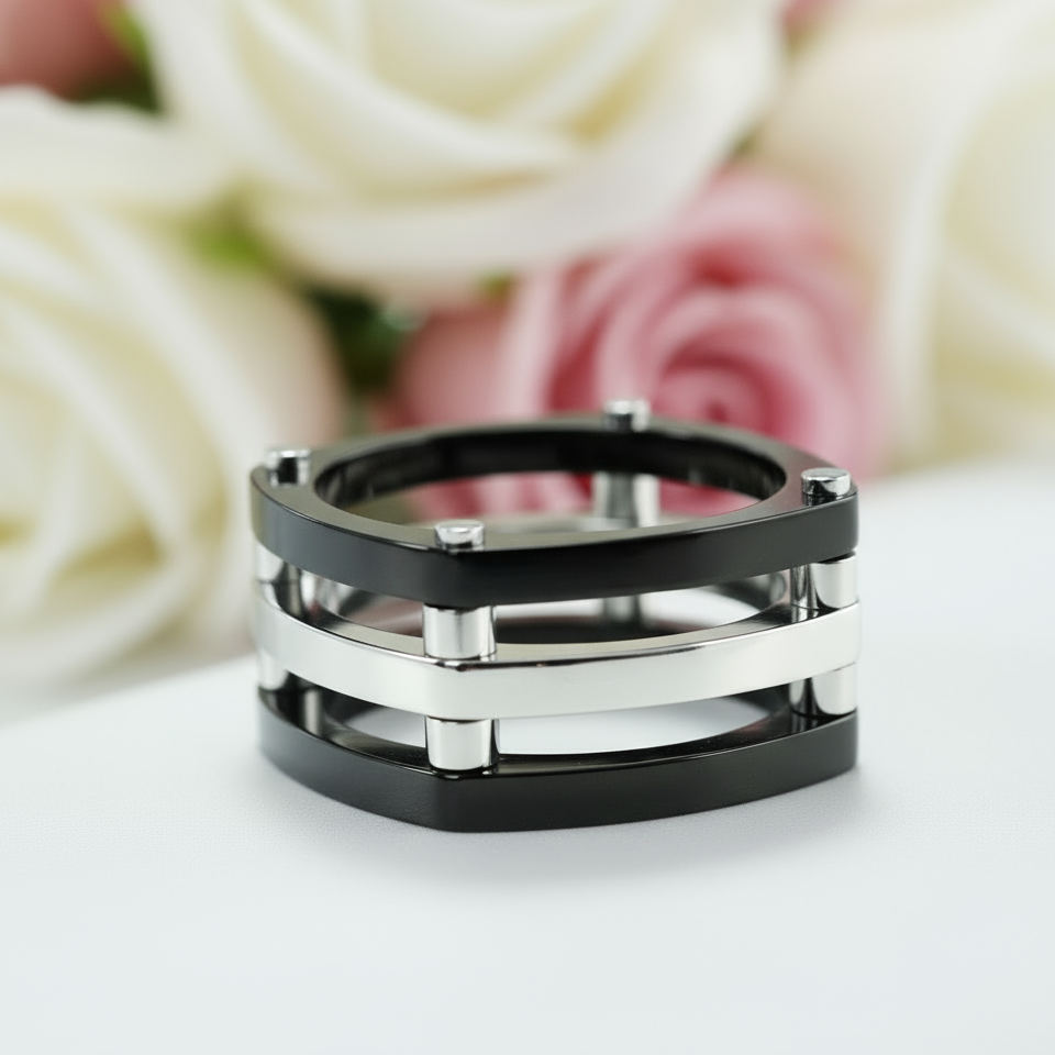 Punk Style Two Tone Men's Ring Band-Black Diamonds New York