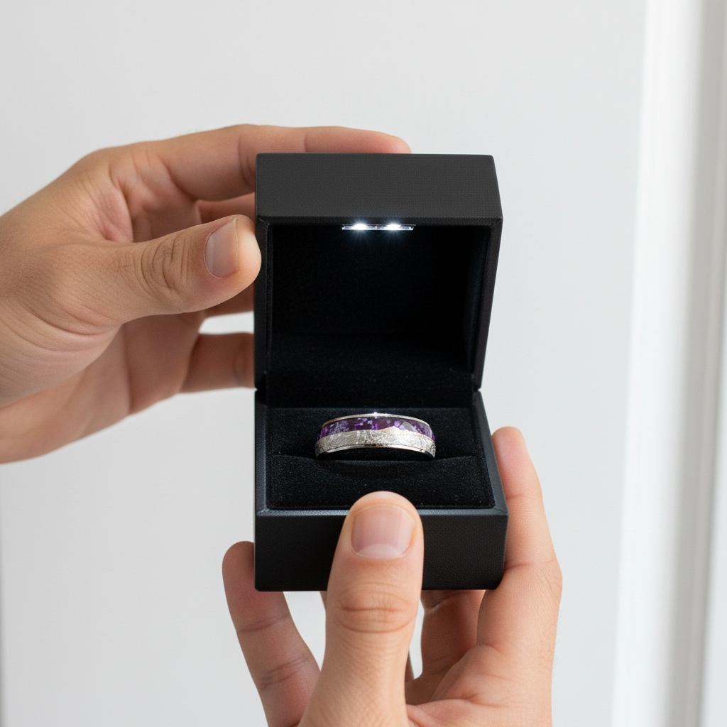 Purple Agate Meteorites Men's Tungsten Wedding Band-Black Diamonds New York