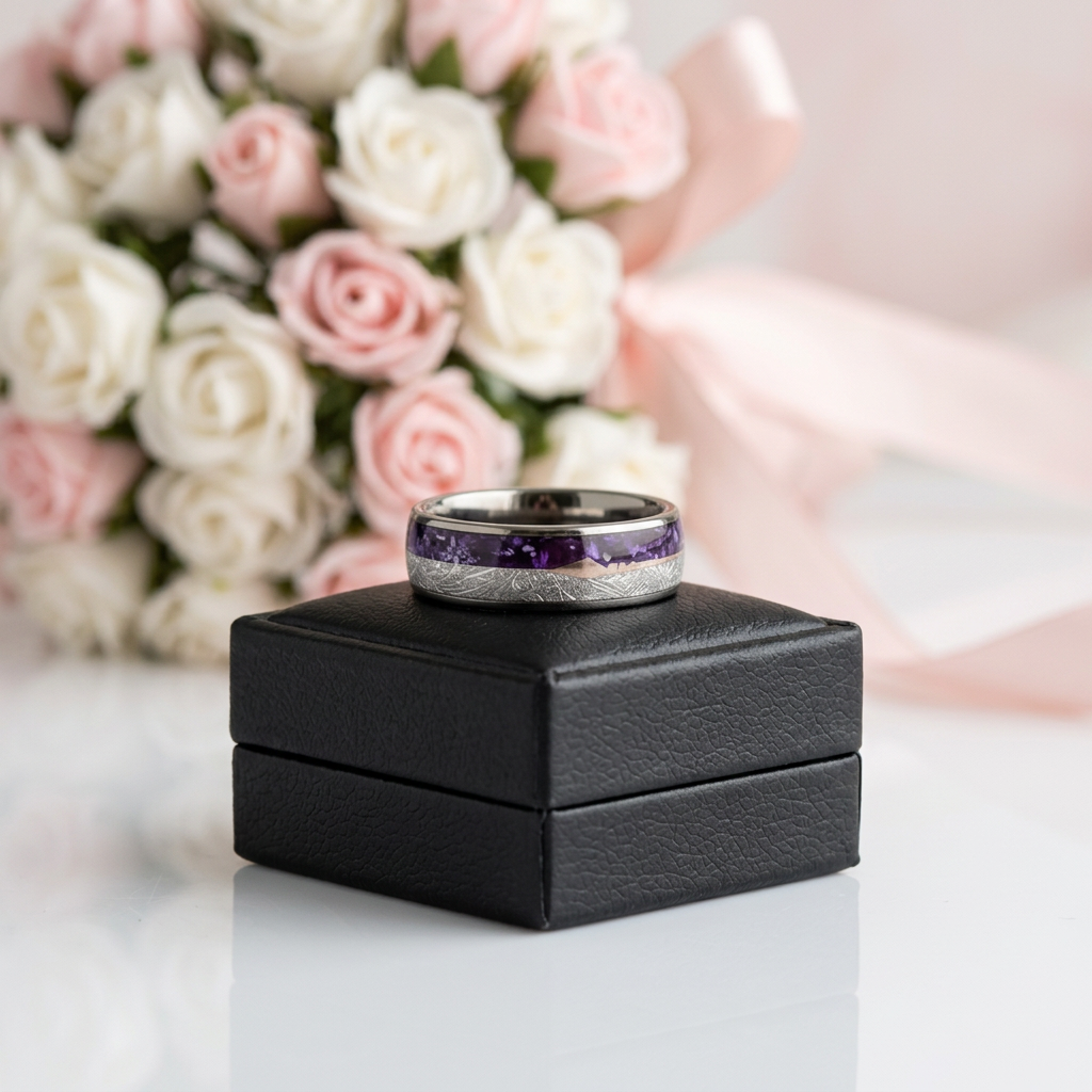 A silver-toned band ring with a purple inlay sits centered on a small black presentation box, with a blurred bouquet of pink and white roses in the background.