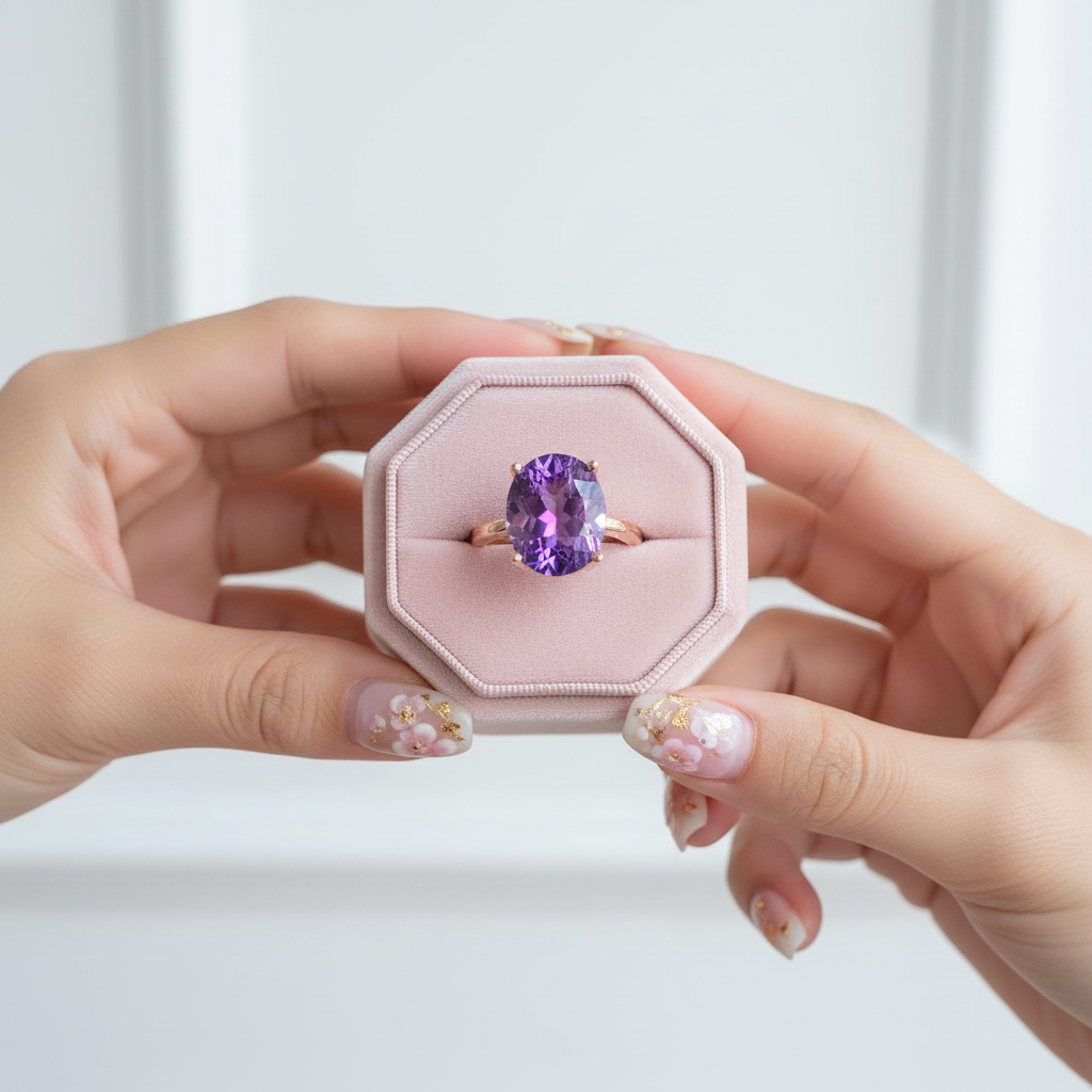 Purple Amethyst Diamond Option Ring in Rose Gold-Black Diamonds New York