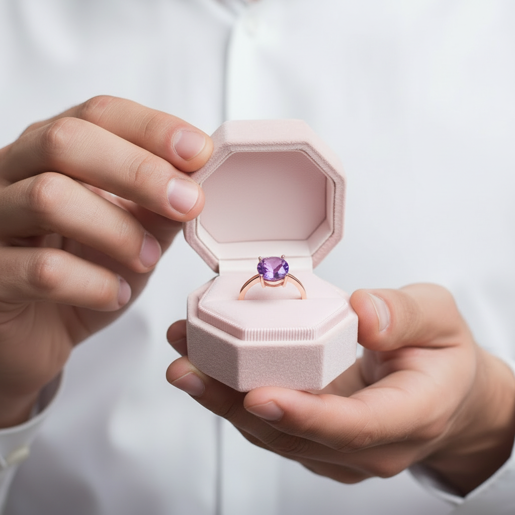 Purple Amethyst Diamond Option Ring in Rose Gold-Black Diamonds New York