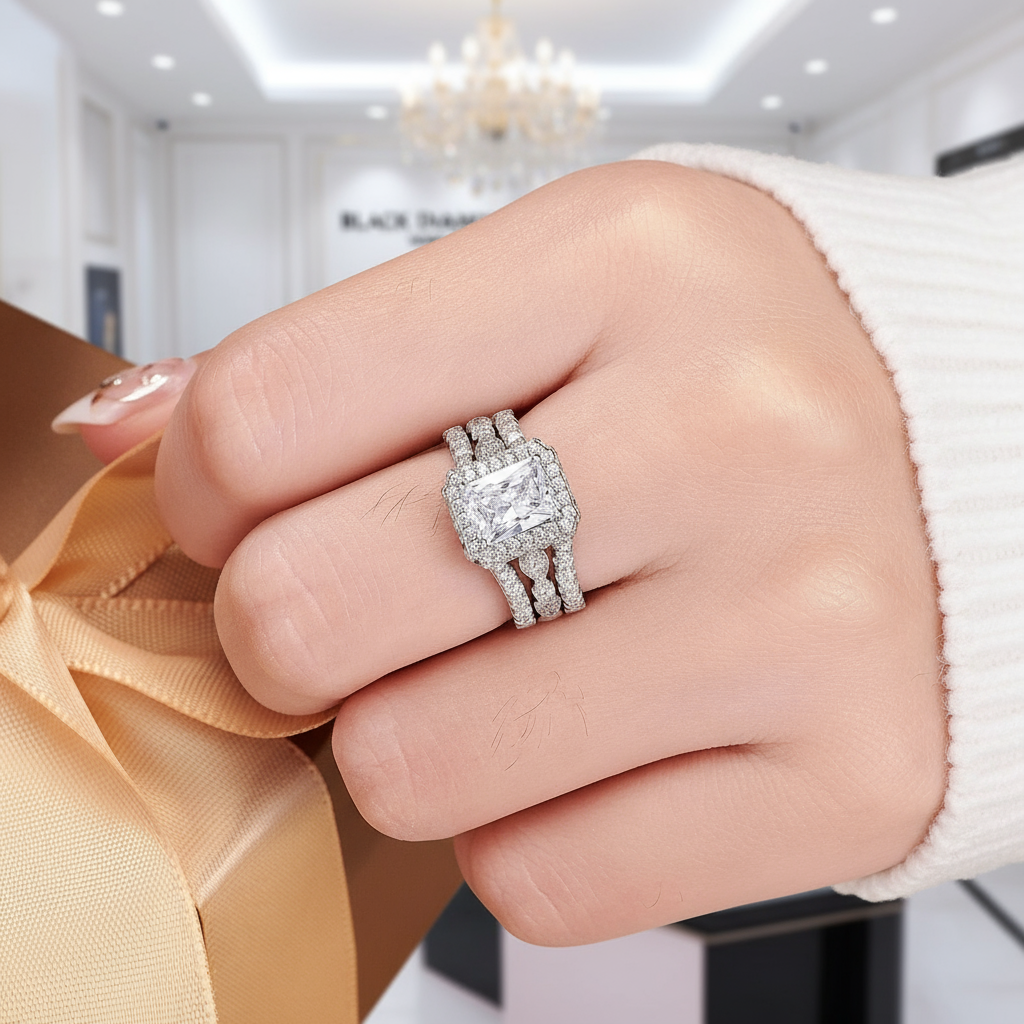 Radiant Cut Diamond Wedding Ring Set-Black Diamonds New York