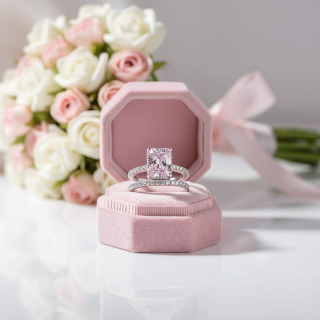 Radiant Cut Elegant Pink Stone Wedding Ring Set-Black Diamonds New York