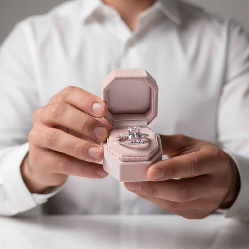 Radiant Cut Elegant Pink Stone Wedding Ring Set-Black Diamonds New York