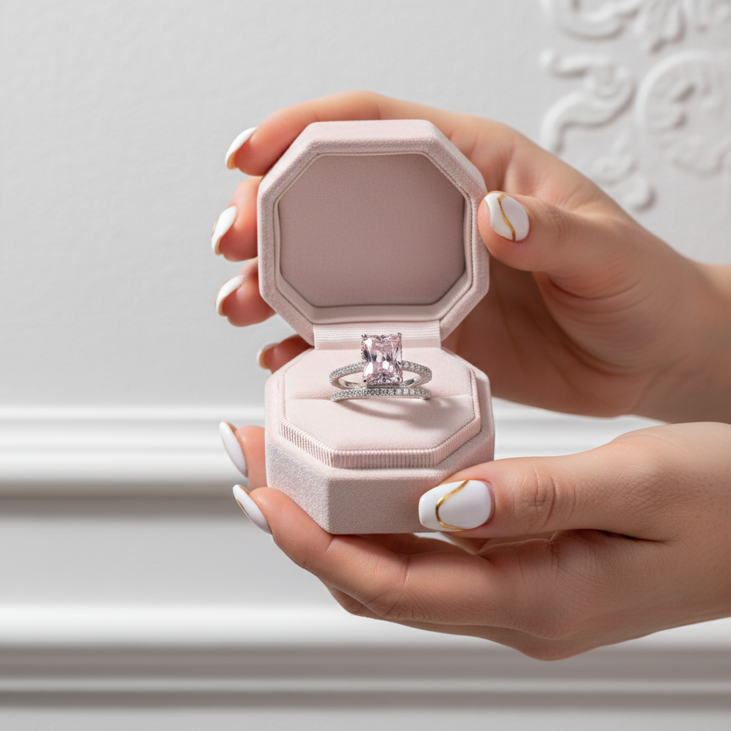 Radiant Cut Elegant Pink Stone Wedding Ring Set-Black Diamonds New York