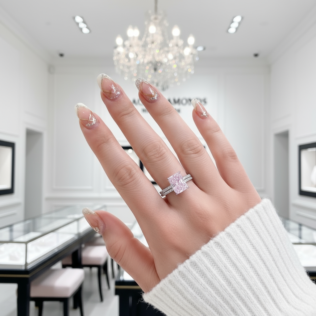 Radiant Cut Elegant Pink Stone Wedding Ring Set-Black Diamonds New York