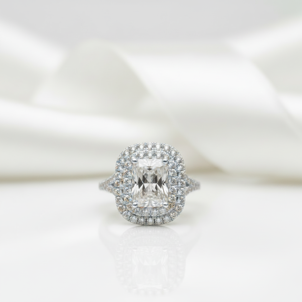 Radiant Cut Diamond Option Vintage Double Halo Engagement Ring-Black Diamonds New York