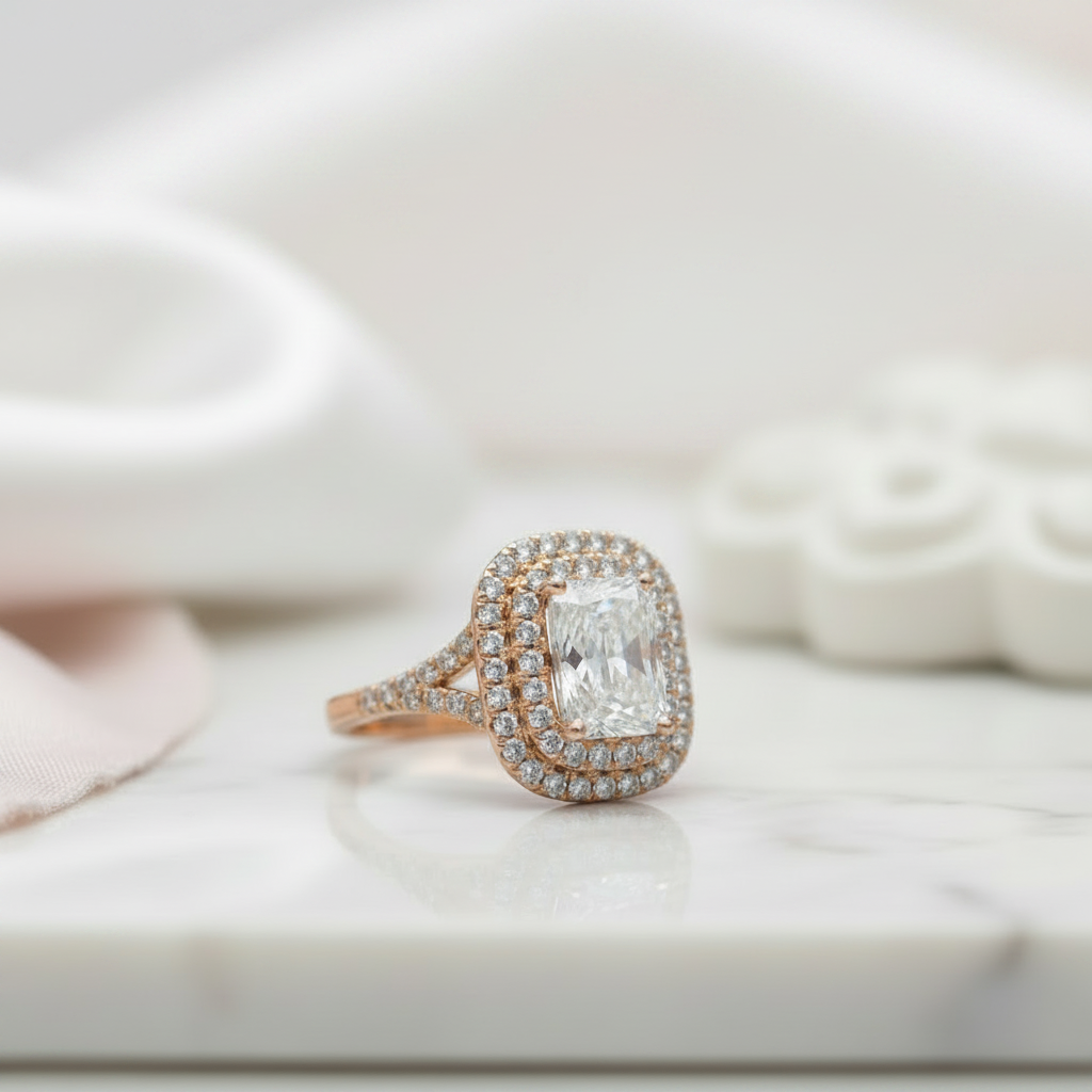 Radiant Cut Diamond Option Vintage Double Halo Engagement Ring-Black Diamonds New York