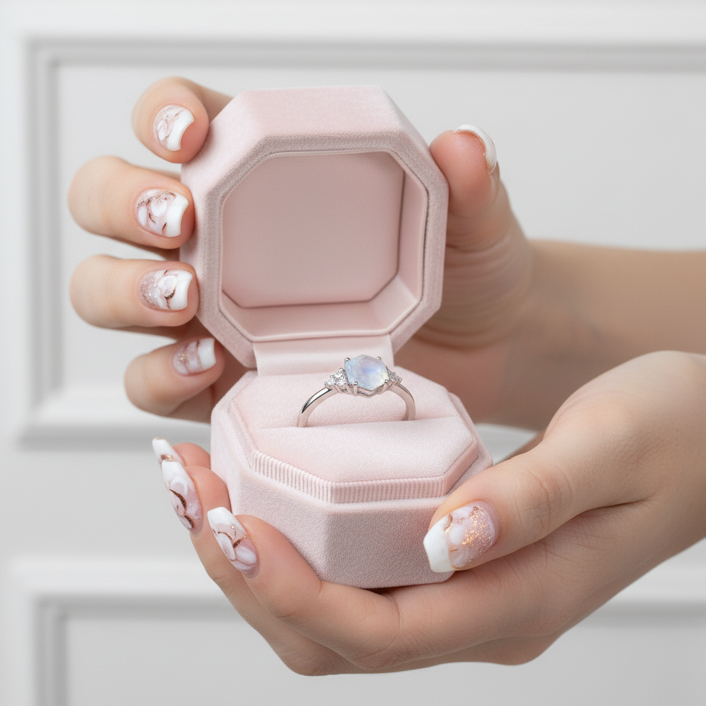 Rainbow Hexagon Moonstone Gemstone Ring-Black Diamonds New York