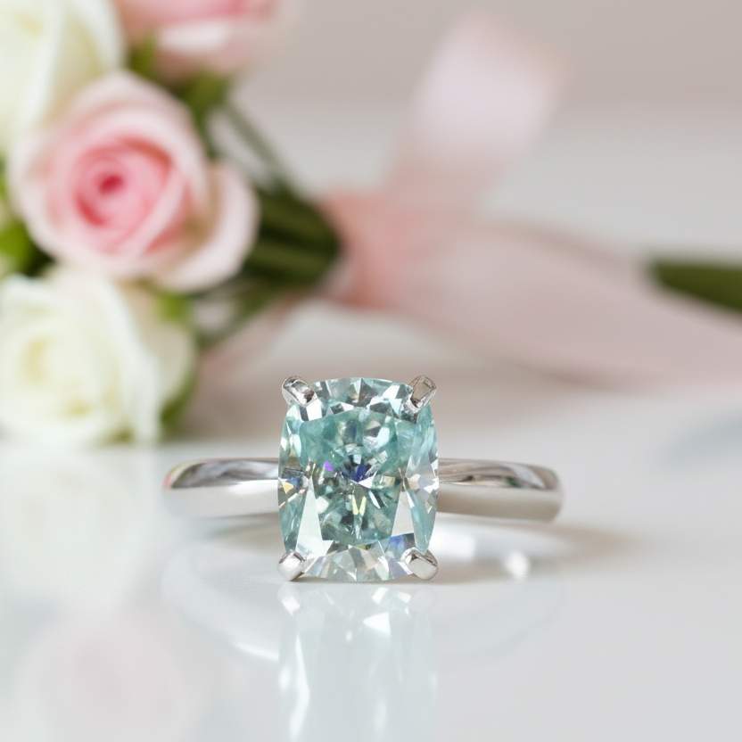 Rare Blue Green Cushion Cut Diamond Ring-Black Diamonds New York