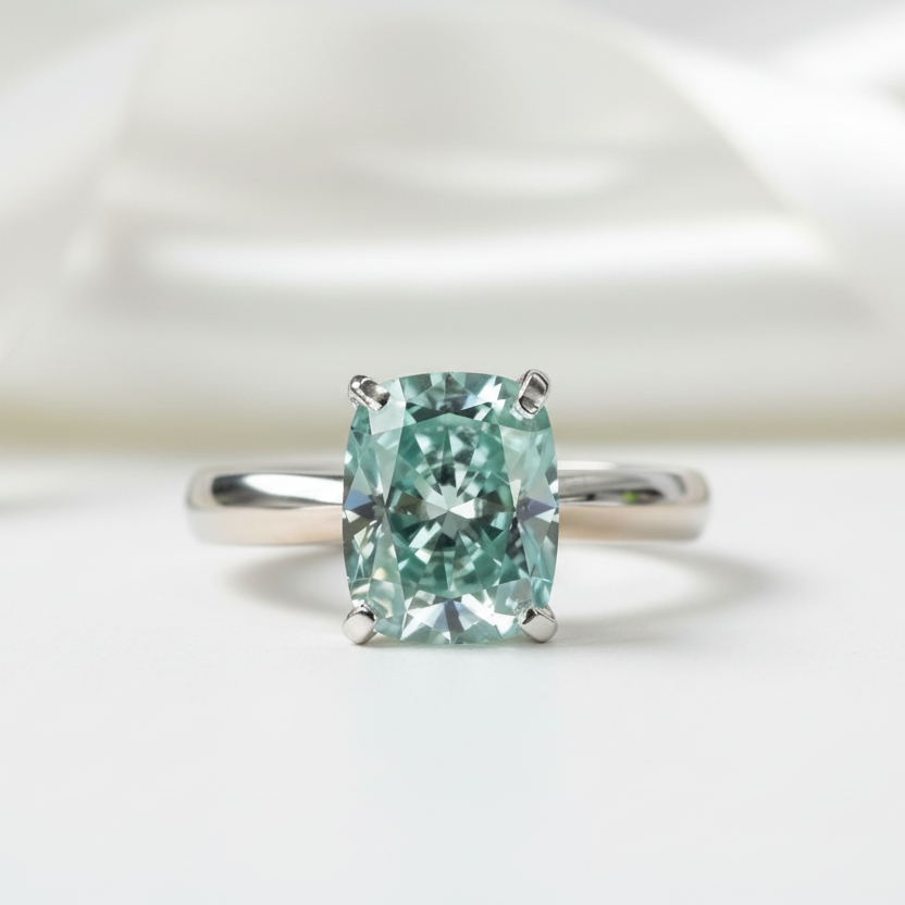 Rare Blue Green Cushion Cut Diamond Ring