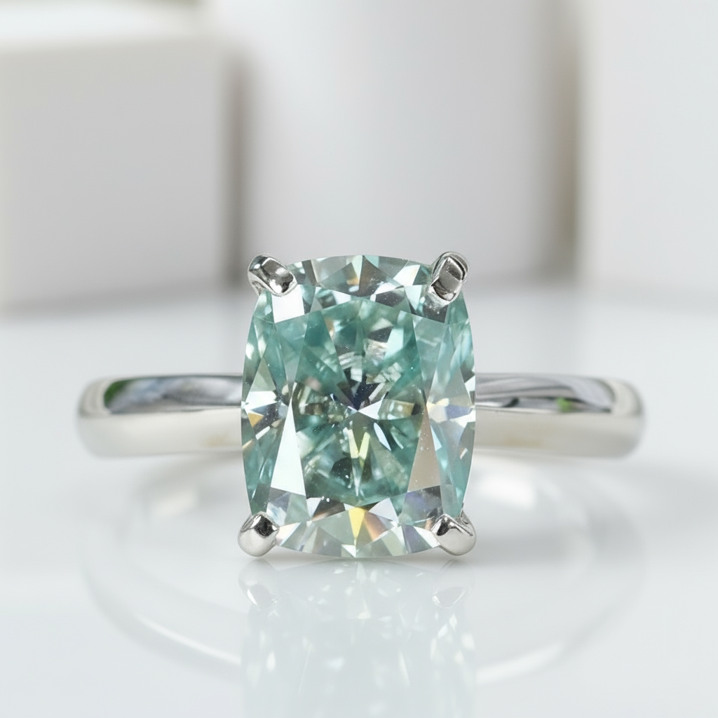 Rare Blue Green Cushion Cut Diamond Ring-Black Diamonds New York