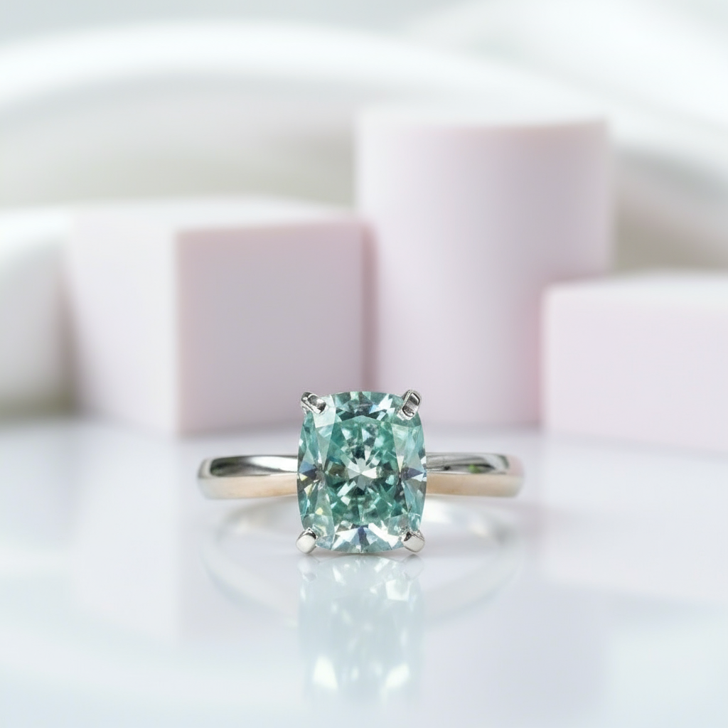 Rare Blue Green Cushion Cut Diamond Ring-Black Diamonds New York