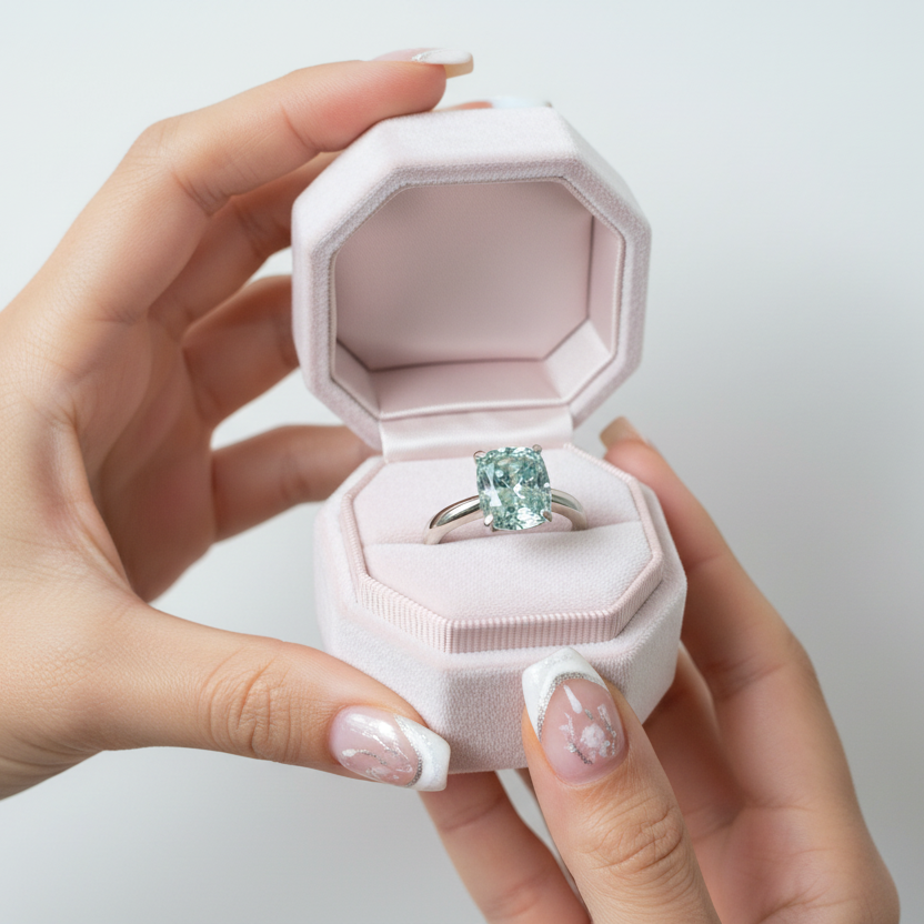 Rare Blue Green Cushion Cut Diamond Ring