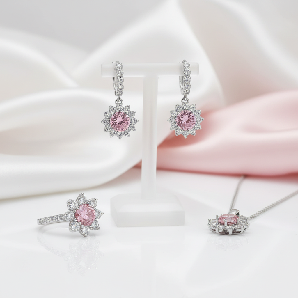 Jewelry set with pink gemstones and silver accents on a soft fabric background