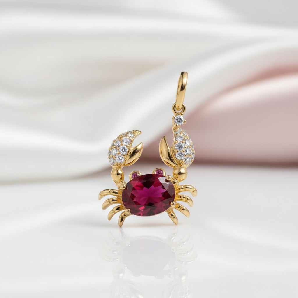Gold crab-shaped pendant with a red gemstone on a white background