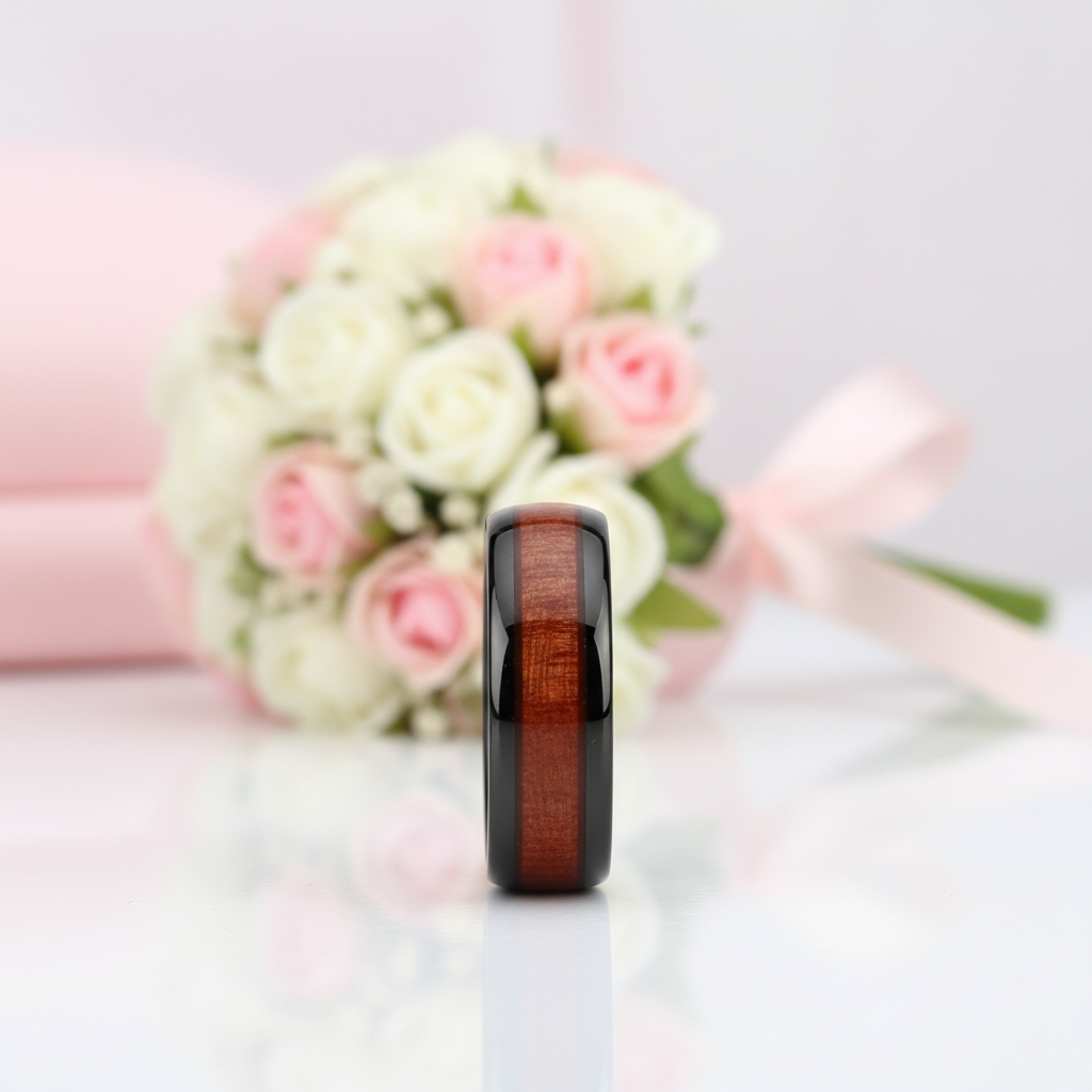 Red Wood Grain Men's Ceramic Wedding Band-Black Diamonds New York