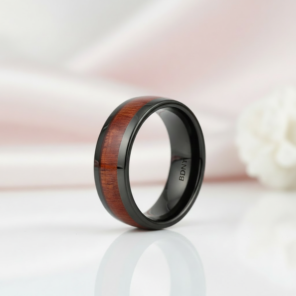 Red Wood Grain Men's Ceramic Wedding Band-Black Diamonds New York