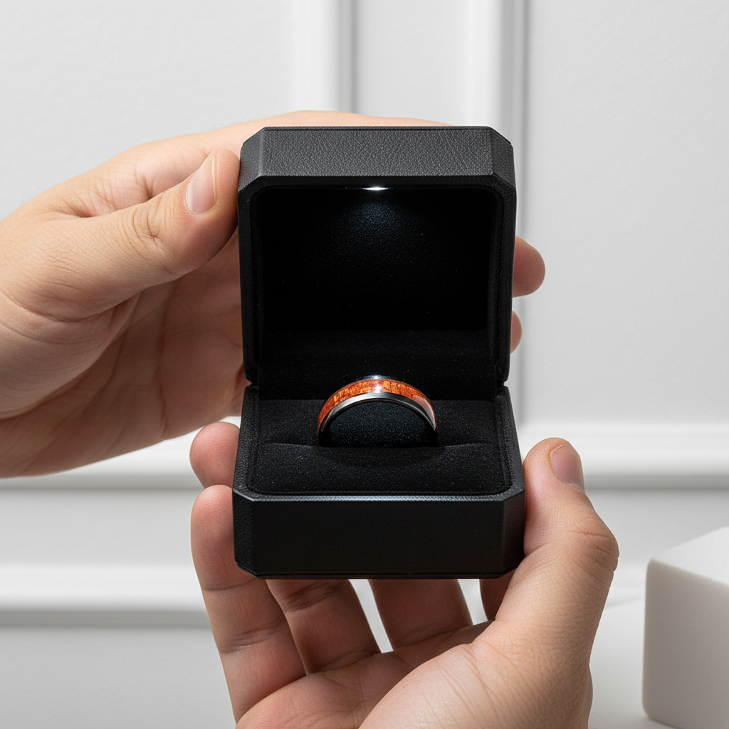 Red Wood Grain Men's Ceramic Wedding Band-Black Diamonds New York