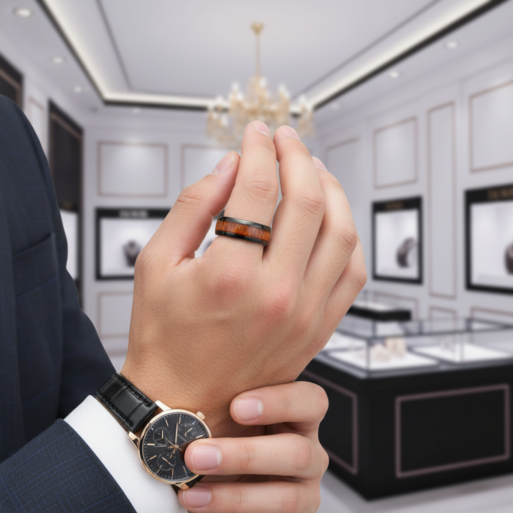 Red Wood Grain Men's Ceramic Wedding Band-Black Diamonds New York