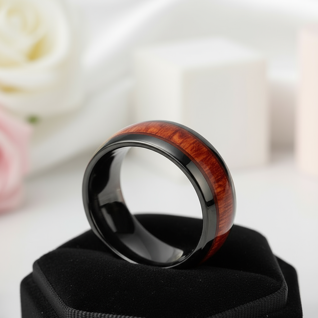Red Wood Grain Men's Ceramic Wedding Band-Black Diamonds New York