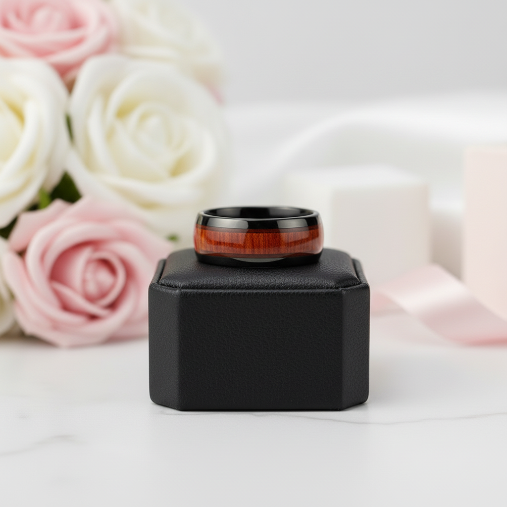 Red Wood Grain Men's Ceramic Wedding Band-Black Diamonds New York