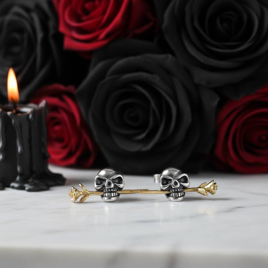 Retro Skull & Flower Stud Earrings-Black Diamonds New York