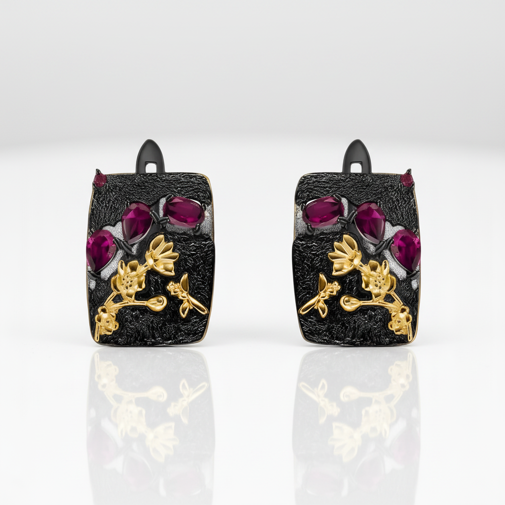 Rhodolite Garnet Humming Bee Flower Earrings-Black Diamonds New York