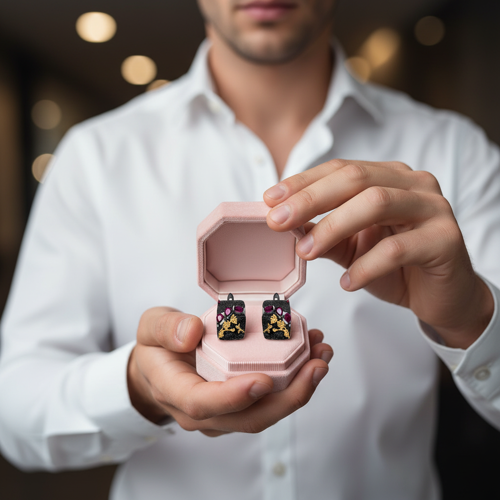 Rhodolite Garnet Humming Bee Flower Earrings-Black Diamonds New York
