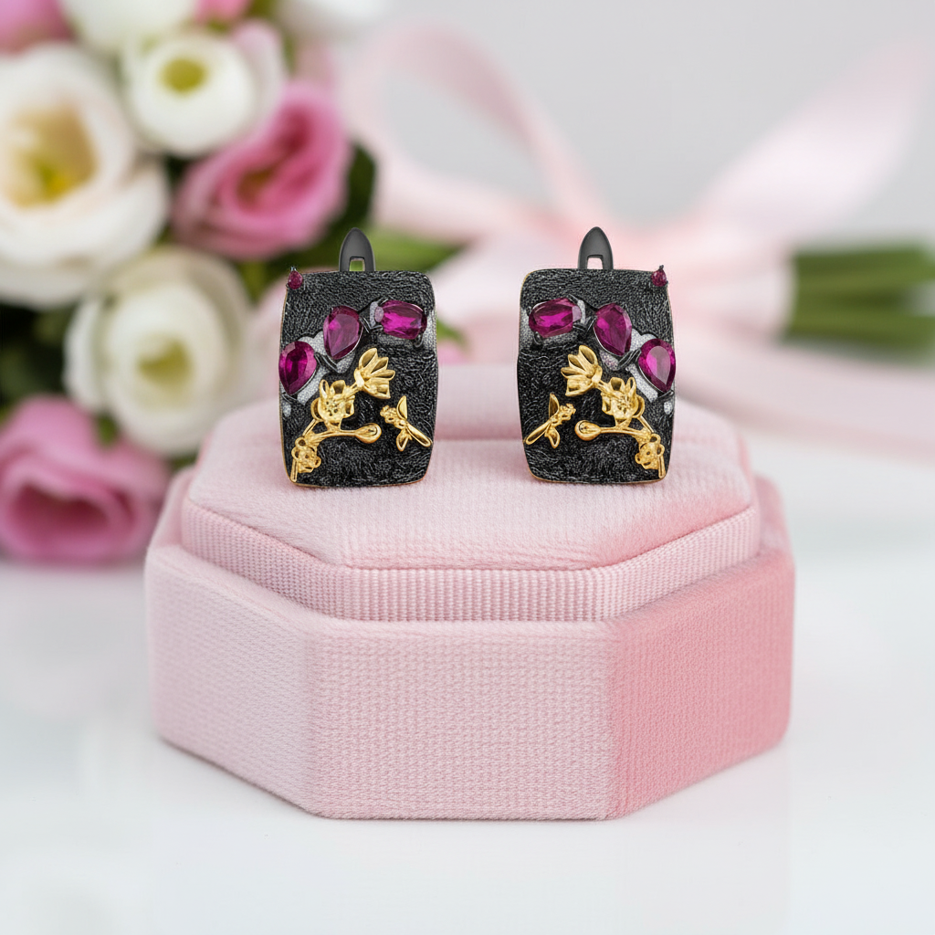 Rhodolite Garnet Humming Bee Flower Earrings-Black Diamonds New York